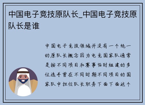 中国电子竞技原队长_中国电子竞技原队长是谁